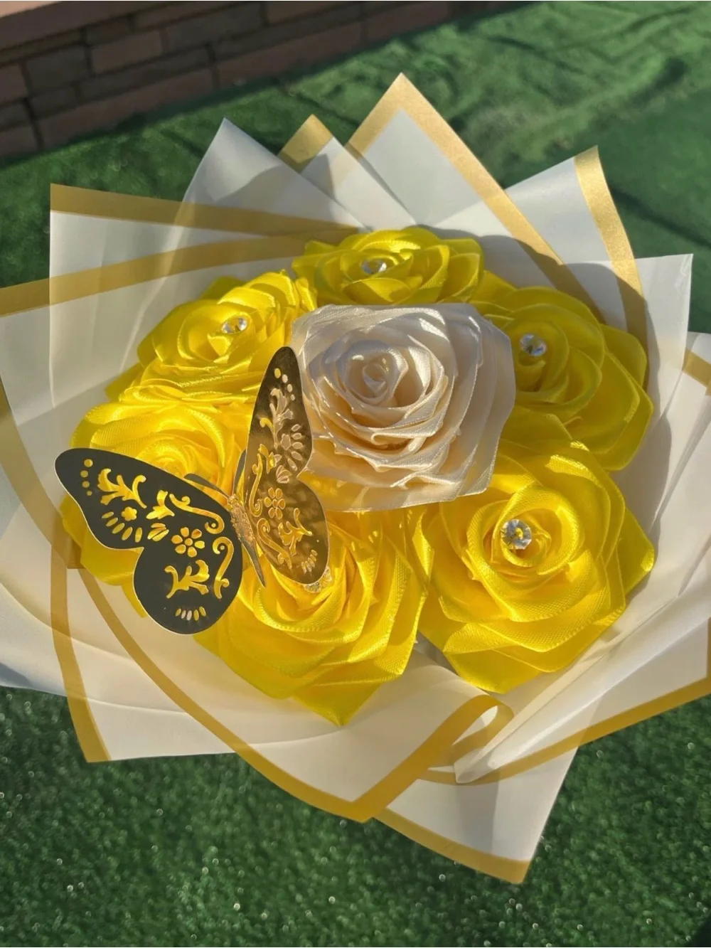 Yellow & Cream Satin Rose Bouquet with Gold Butterfly - Home Party Décor